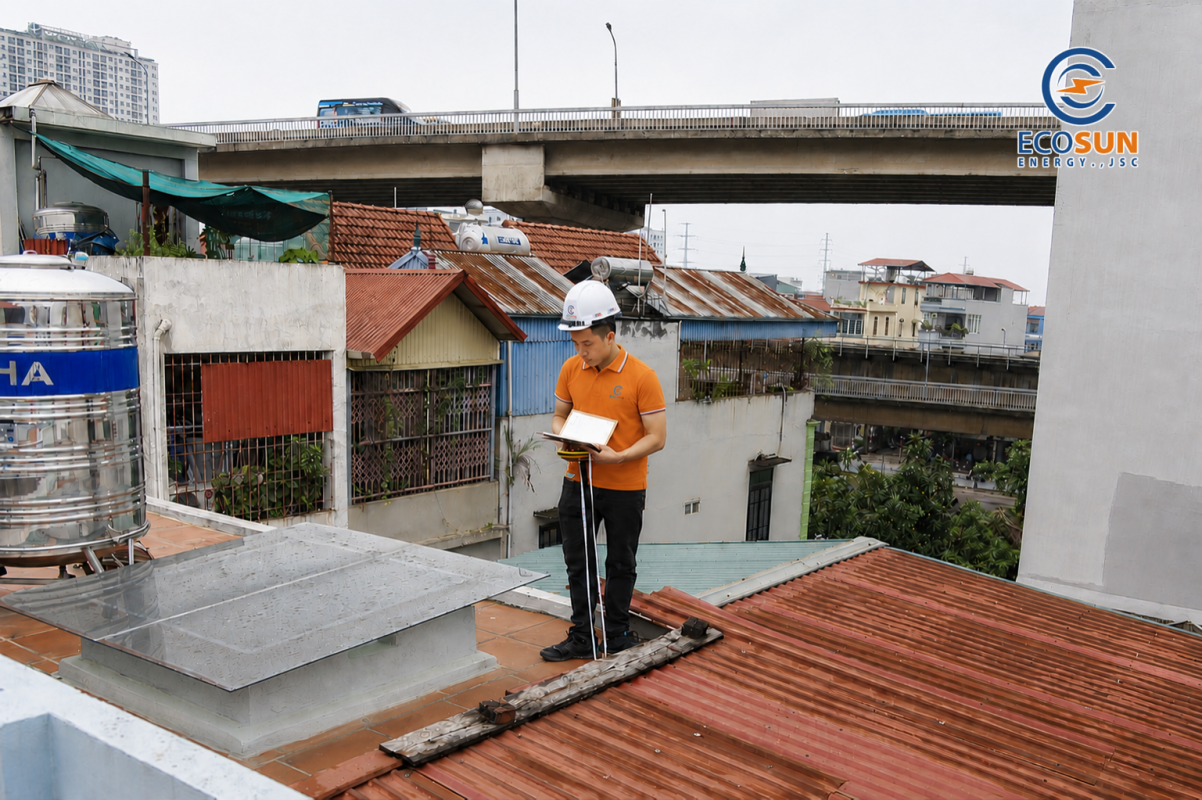 Kỹ sư Ecosun khảo sát trước khi lắp đặt điện mặt trời tại nhà khách hàng