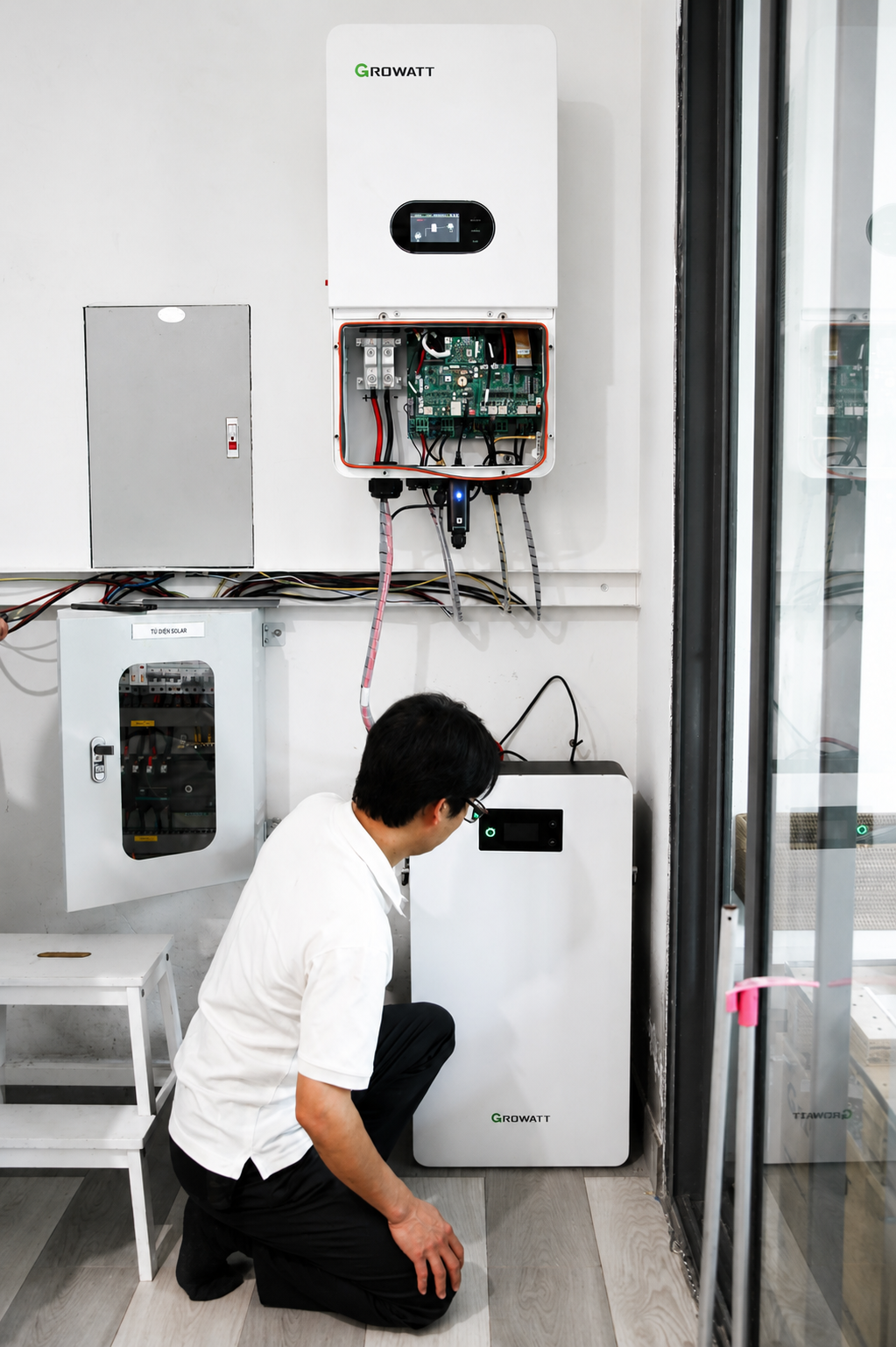 Inverter Hybrid Growatt 6kW quản lý nguồn điện từ pin mặt trời, pin lưu trữ và lưới điện trong hệ thống dân dụng tại Ecopark.
