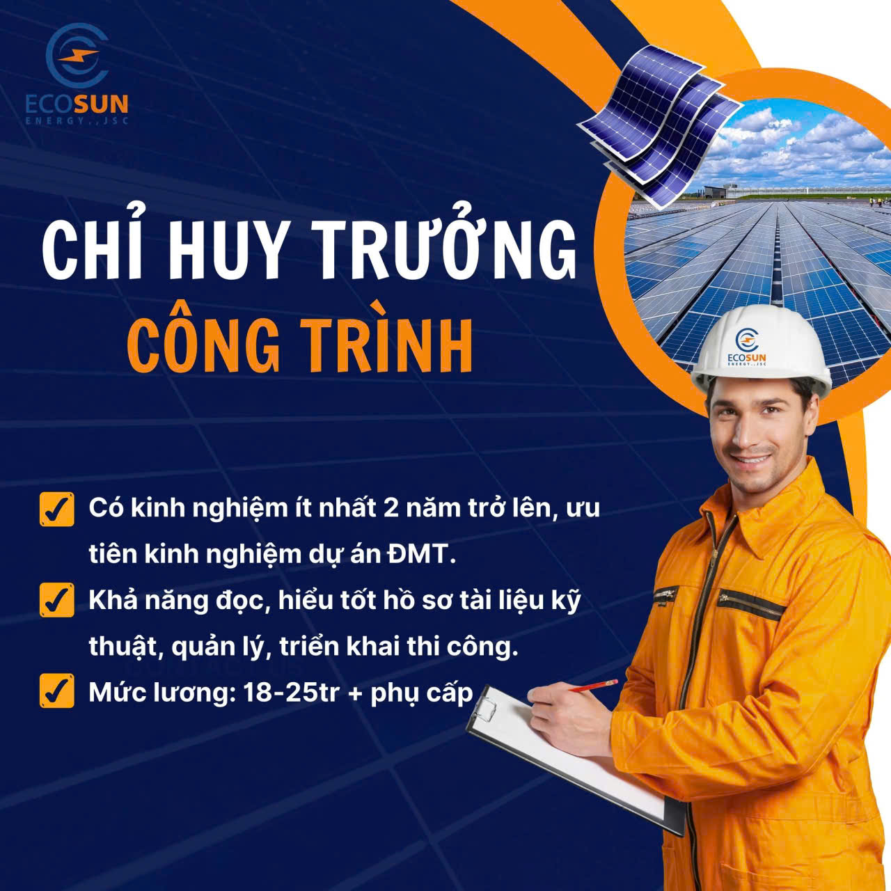ECOSUN Energy tuyển dụng Chỉ huy trưởng công trình có kinh nghiệm quản lý và triển khai thi công dự án điện mặt trời